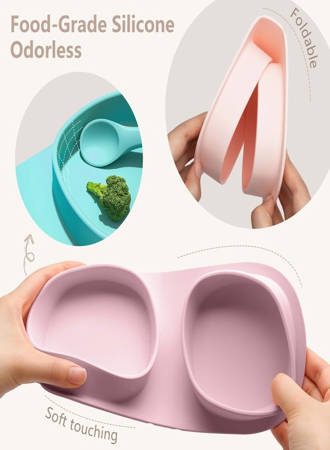 yahaa Silicone Foldable Novelty Dinner Plates,Baby Plates Travel Essential with Forks and Spoons,Microwave & Dishwasher Safe,Matte Pink - Image 4